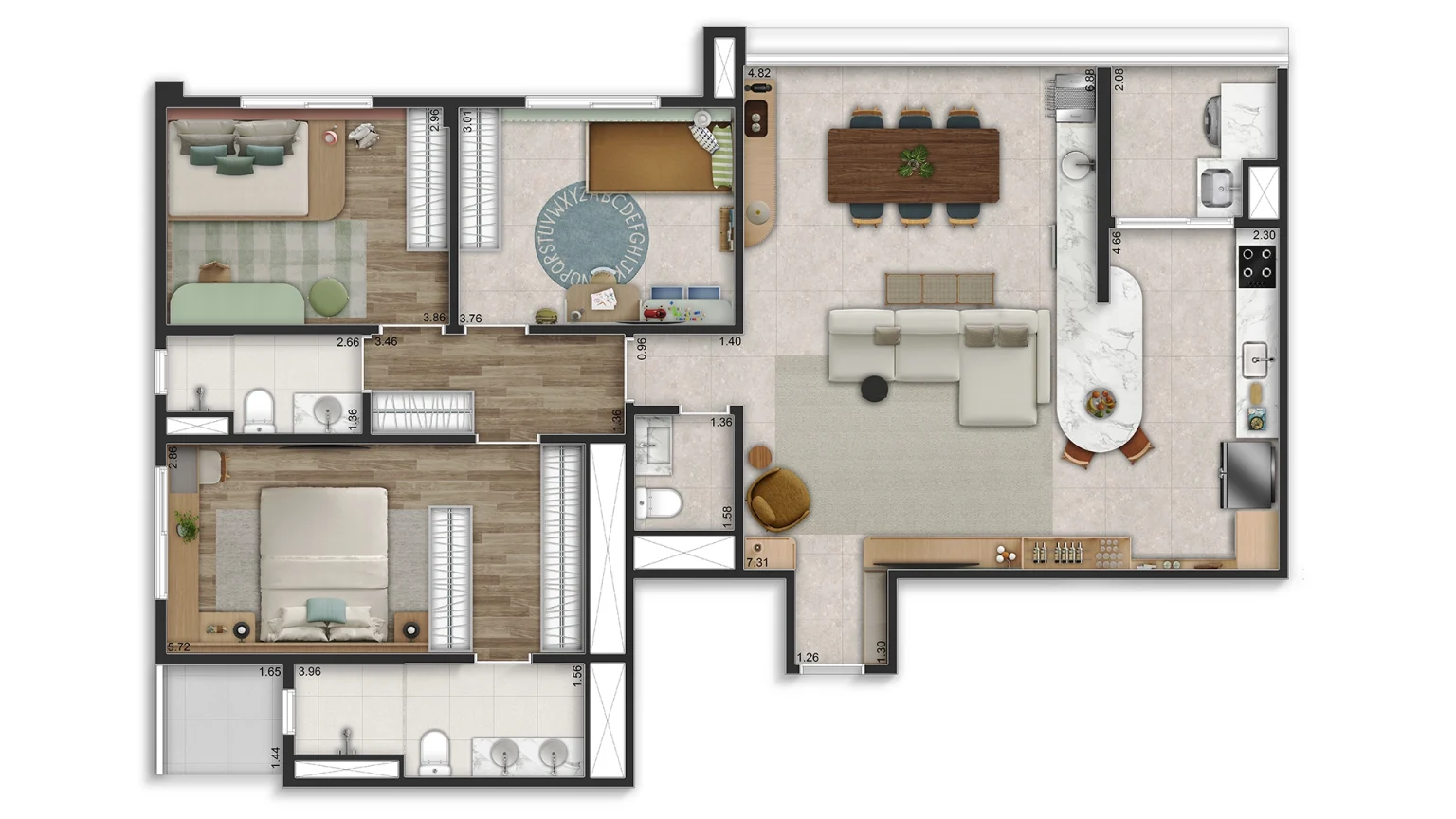 PLANTA OPÇÃO 122 M² - LIVING E GOURMET INTEGRADOS
