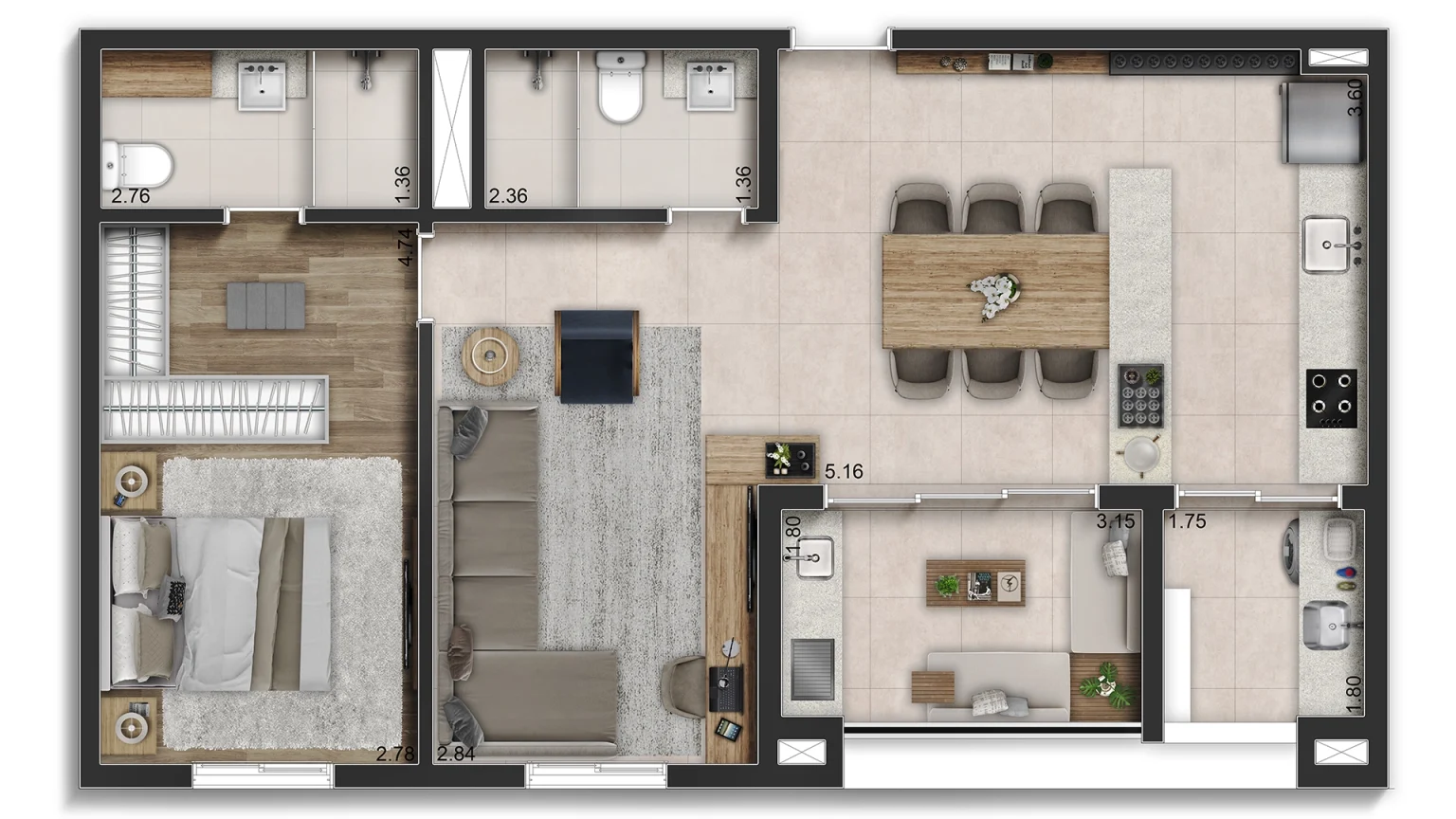 PLANTA OPÇÃO 75M² living ampliado