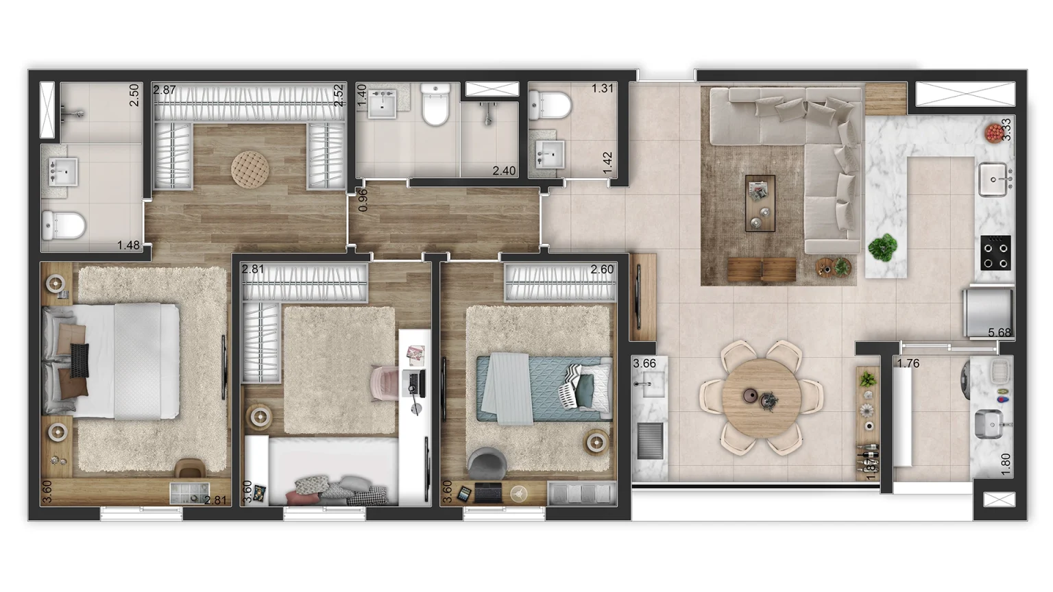 PLANTA OPÇÃO 96M² - 3 DORMS COM LIVING INTEGRADO