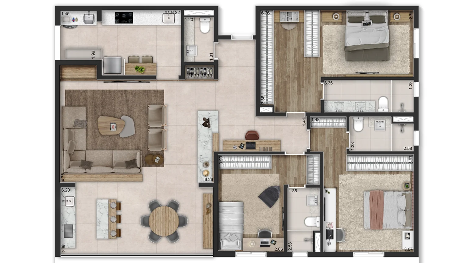PLANTA TIPO 150M² - 3 SUÍTES - DECORADO