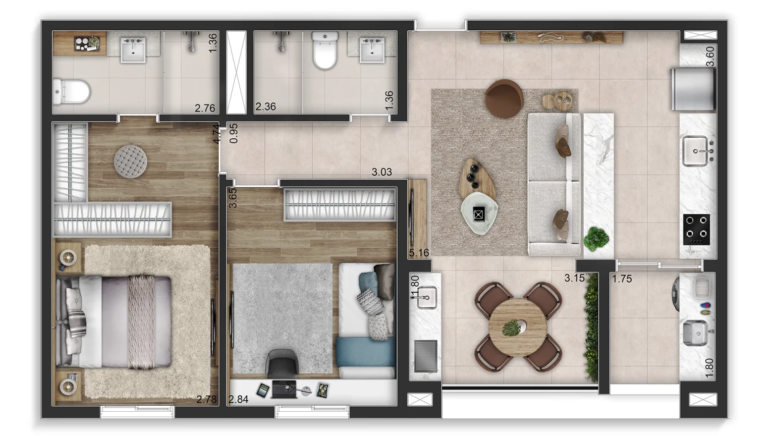 PLANTA TIPO 75M² - 2 DORMS