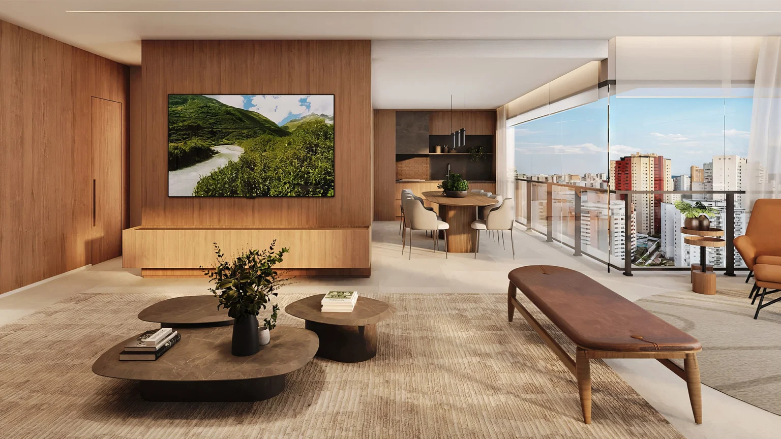 Perspectiva Ilustrada Living com Terraço Integrado 4 175M²
