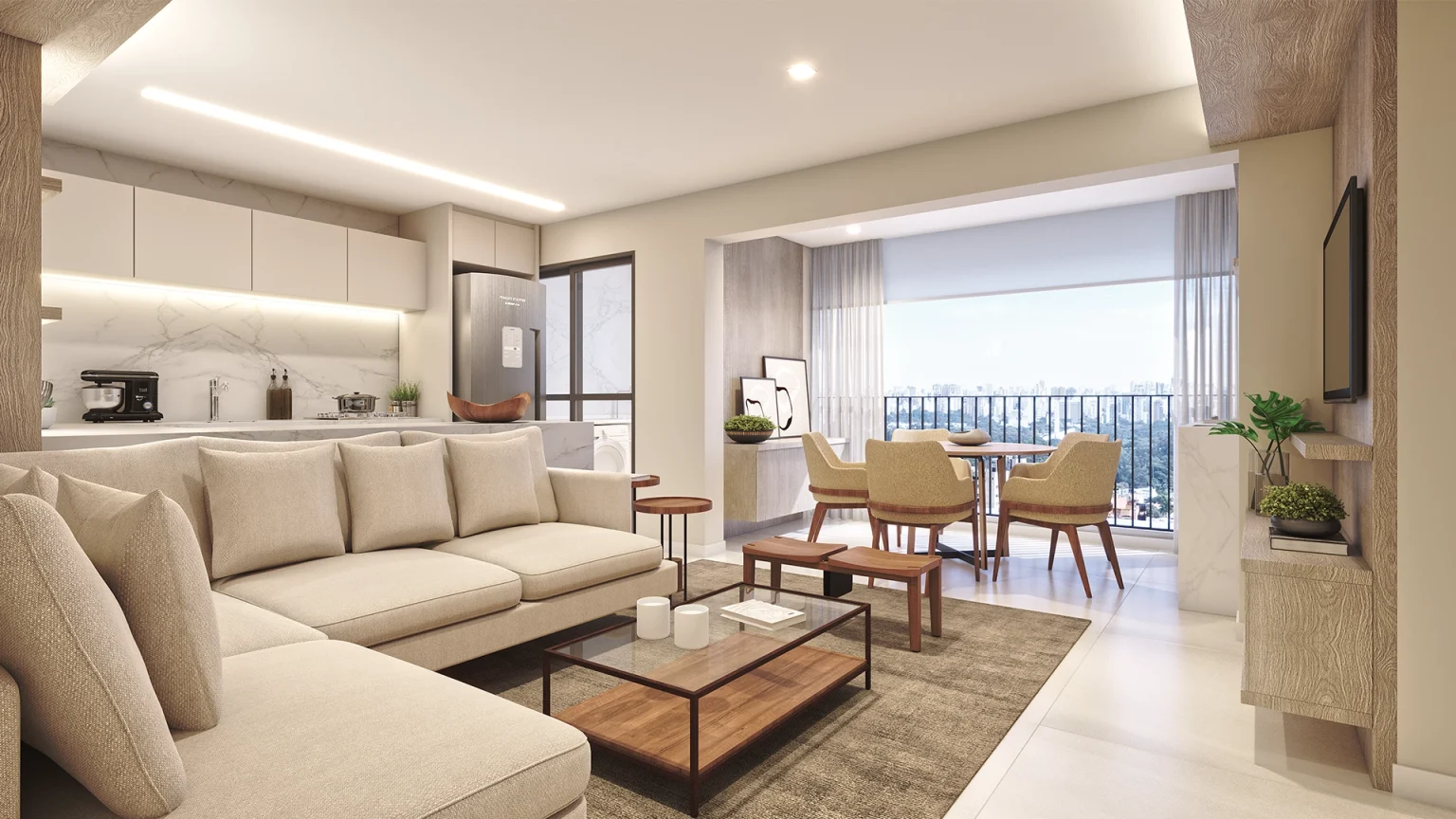 Perspectiva Ilustrada Living e Terraço PLANTA TIPO 96M²