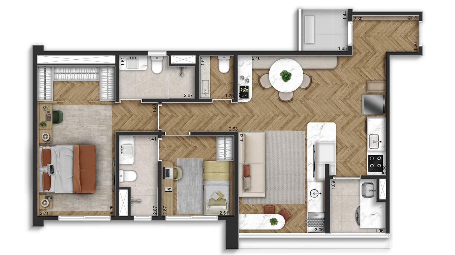 Planta 80m² - Living e gourmet integrados